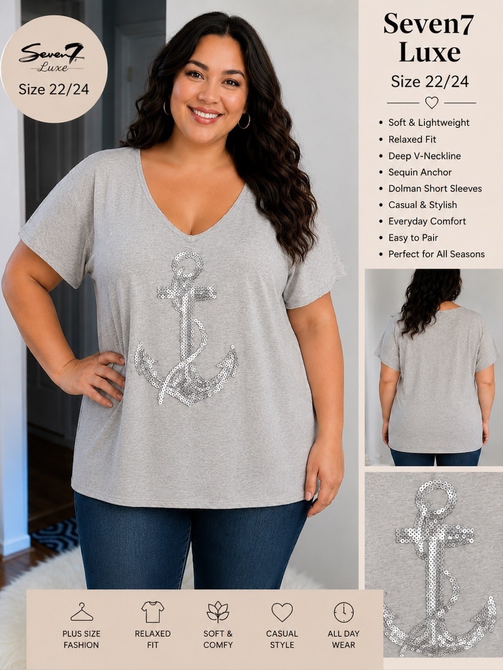 Seven7 Luxe Gray Sequin Anchor Tee Plus Size 22/24 Nautical V-Neck Relaxed Fit